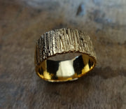 Bold unique bark textured wedding band, Contemporary ring Unisex wedding band, Bark Ring TERNYC texture NYC designer jewelry mens rings bold rings TERMEN 18kt gold handmade in NYC recycled metals by model jayne moore designer writer jayne moore