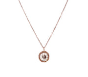 Model Jayne Moore hand makes her own jewelry for her company TERNYC - Thorn of an English Rose. Here you see a delicate diamond slice with unique fractures and carbon detailing shown in the perfectly imperfect diamond, showing its history, cast not set in 18kt Rose Gold this delicate and unique one of a kind necklace looks like a dream catcher pendant. | made in the USA | Made in NYC |