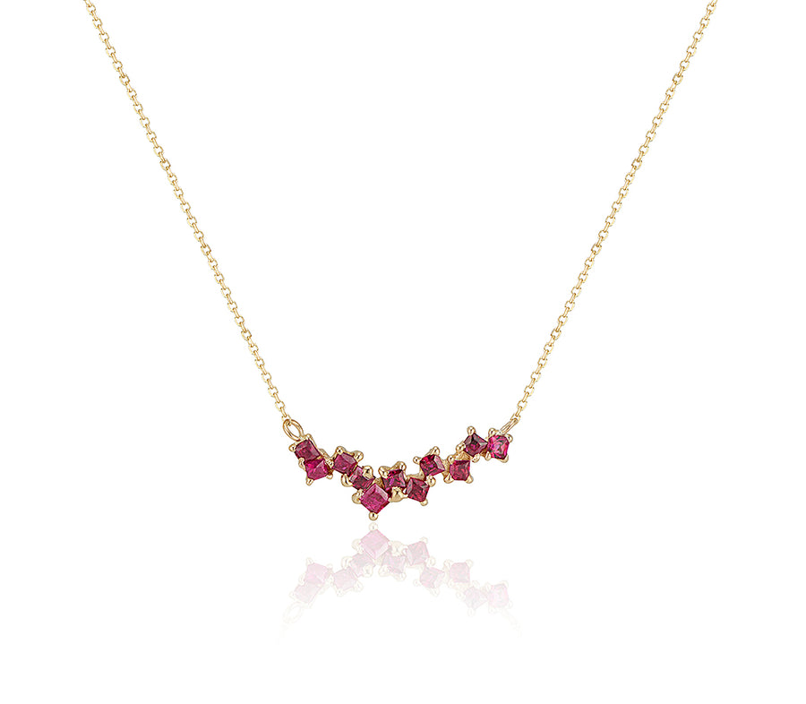 Staggered Ruby Necklace Jayne Moore yellow gold ruby pendant 