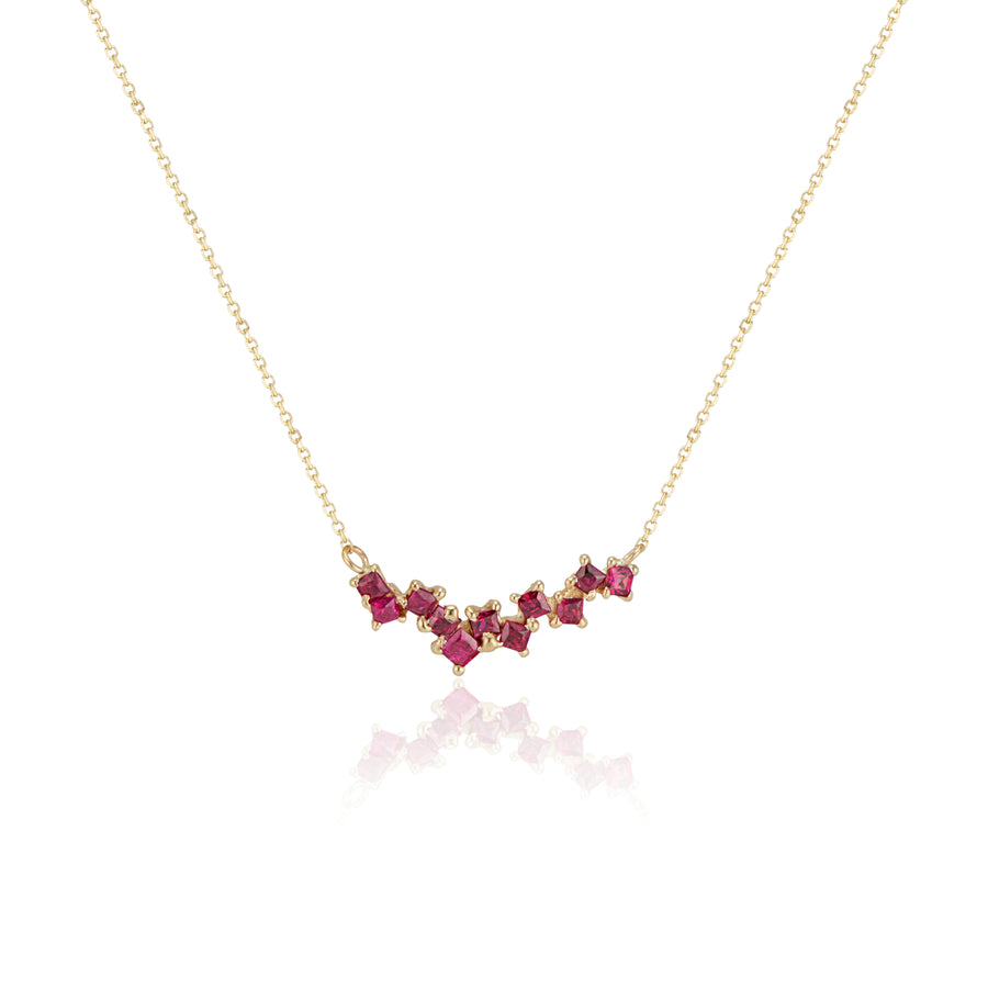 Staggered Ruby Necklace Jayne Moore yellow gold ruby pendant 