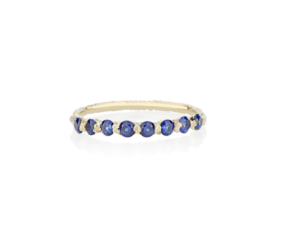 Royal Blue Sapphires cast not set in to 18kt Gold in model turned jeweler Jayne Moore's signature rebel set style using recycled refined golds and sustainable responsibly sourced stones, handmade in NYC 