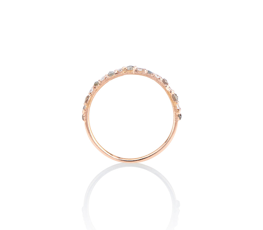 Unique cast not set ring shown in profile, unique setting style of model Jayne Moore Super dainty and delicate wedding ring band or stacker ring stackable diamond ring, set in rose gold, with tiny diamonds alternating rose cut grey diamonds and brilliant cut flawless diamonds cast not set, cast in place, #castnotset , rebel set in a unique, one of a kind elegant slim ring  
