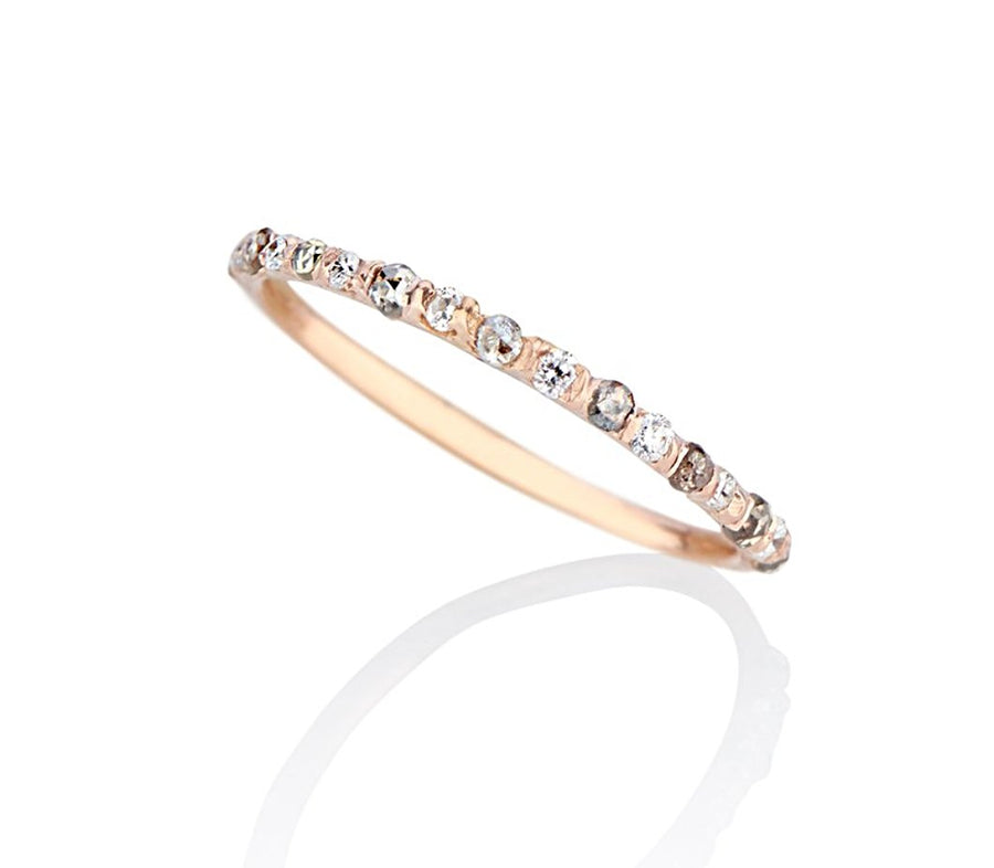 Super dainty and delicate wedding ring band or stacker ring stackable diamond ring, set in rose gold, with tiny diamonds alternating rose cut grey diamonds and brilliant cut flawless diamonds cast not set, cast in place, #castnotset , rebel set in a unique, one of a kind elegant slim ring  
