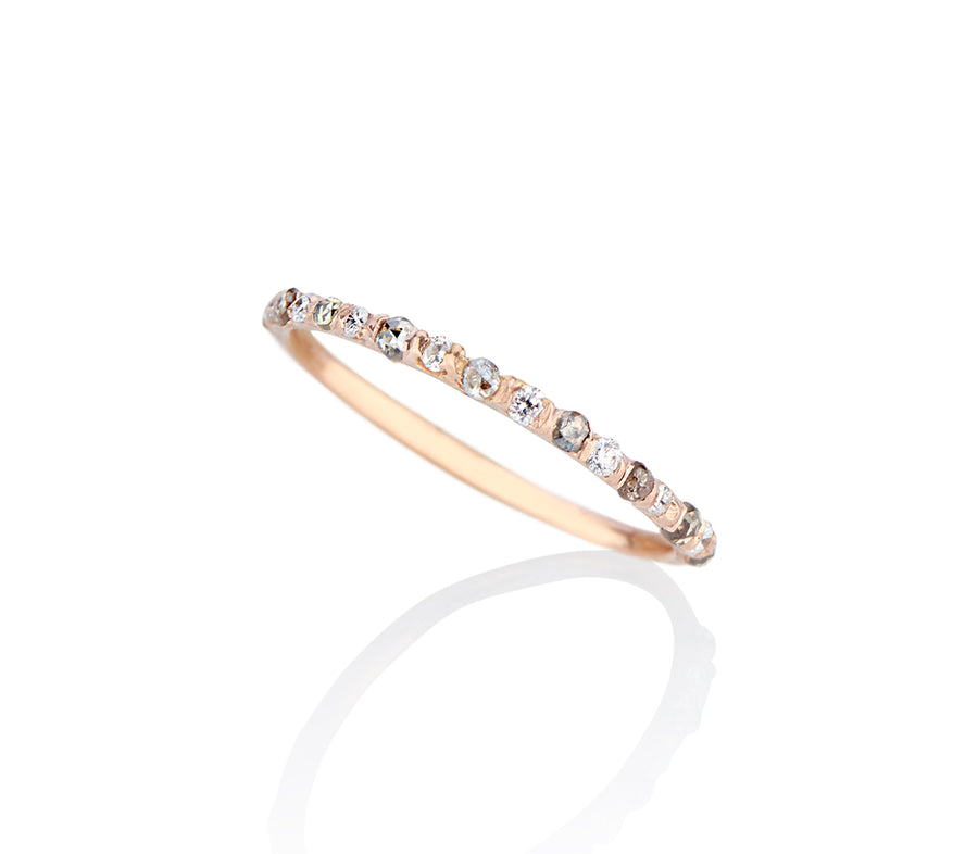 Model Jayne Moore makes jewelry Super dainty and delicate wedding ring band or stacker ring stackable diamond ring, set in rose gold, with tiny diamonds alternating rose cut grey diamonds and brilliant cut flawless diamonds cast not set, cast in place, #castnotset , rebel set in a unique, one of a kind elegant slim ring  