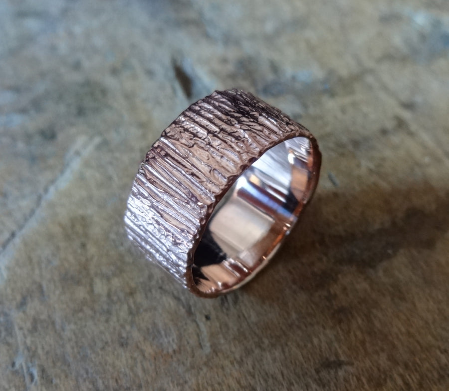 Bold unique bark textured wedding band, Contemporary ring Unisex wedding band, Bark Ring TERNYC texture NYC designer jewelry mens rings bold rings TERMEN 18kt rose gold handmade in NYC recycled metals by model jayne moore designer writer jayne moore   
