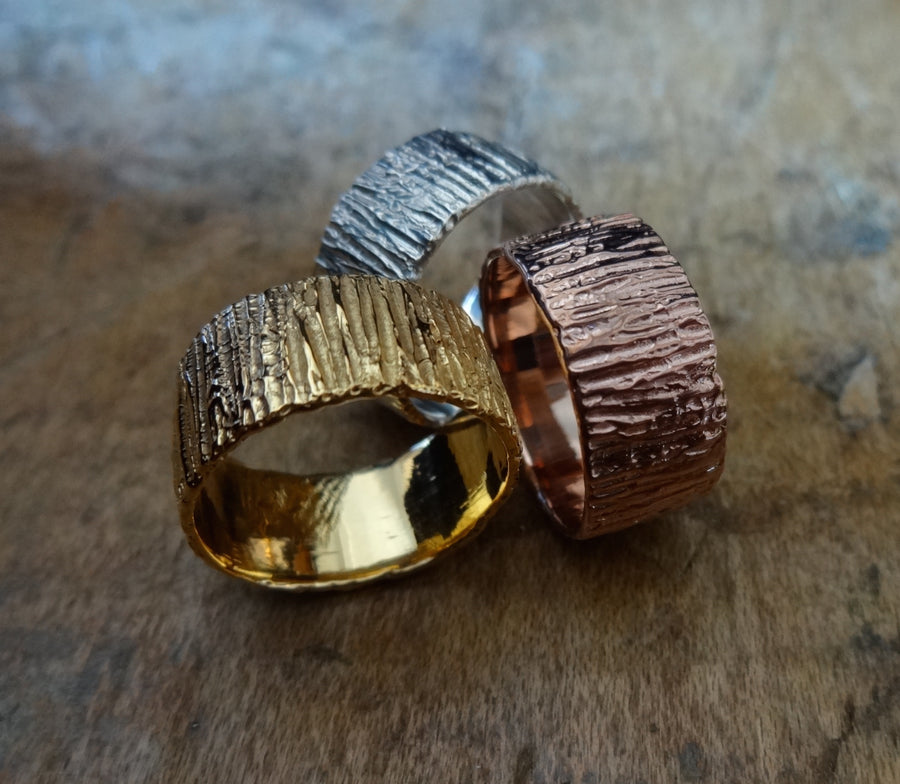 Bold unique bark textured wedding band, Contemporary ring Unisex wedding band, Bark Ring TERNYC texture NYC designer jewelry mens rings bold rings TERMEN 18kt gold mixed metals handmade handmade in NYC recycled metals by model jayne moore designer writer jayne moore  