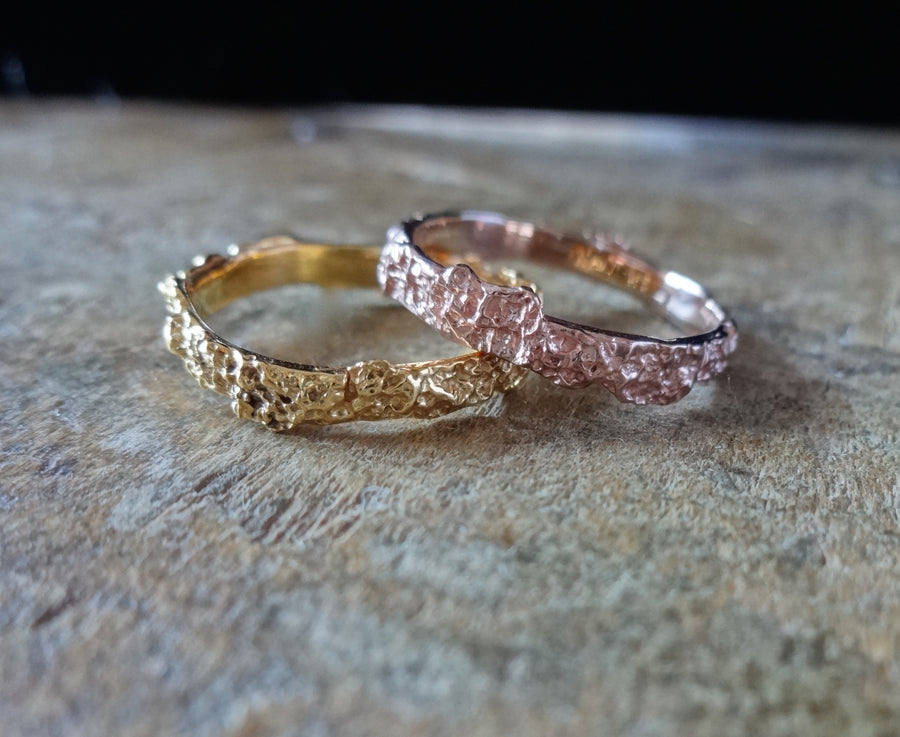 Textured Gold Stackable stacker stacking rings, 18 karat rose gold, solid yellow gold, earthy organic texture, sustainable fashion, beautiful earth, made in NYC, made in the USA