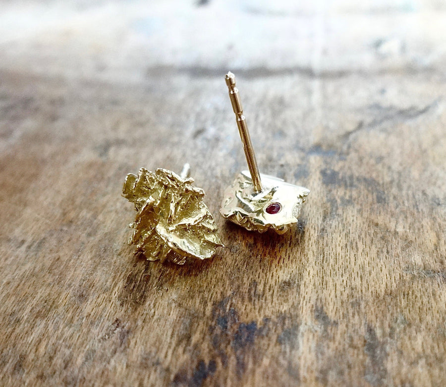 Unique solid gold earrings, earthy natural raw organic textured earrings, 18kt gold studs, cool gold studs, contemporary earrings, sustainable fashion, made in NYC, made in the USA, hidden ruby earrings 
