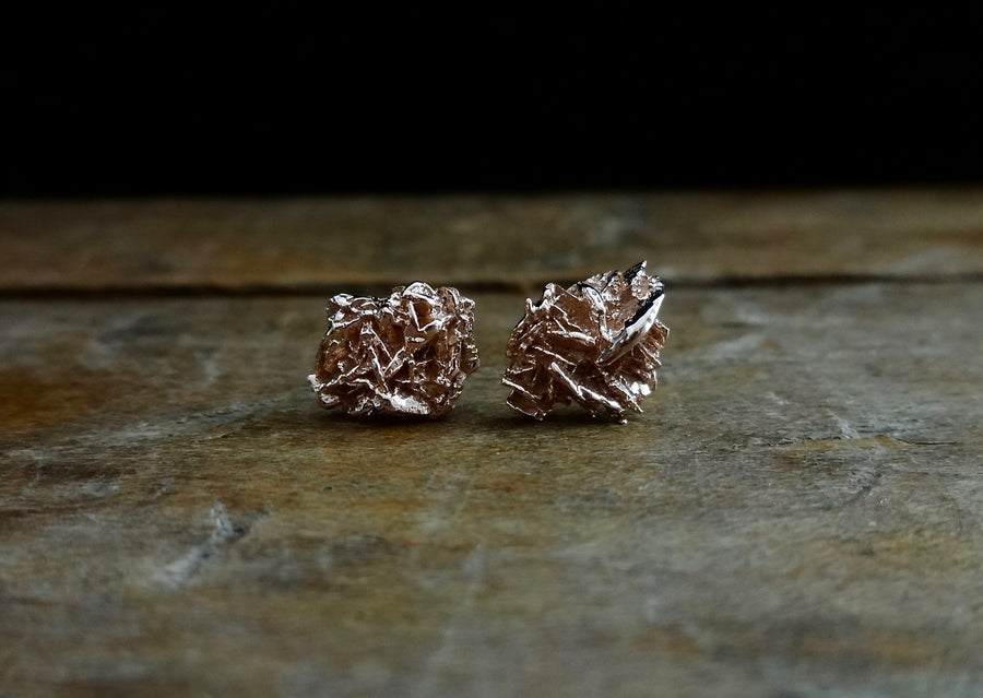 Unique rose gold earrings, earthy natural raw organic textured earrings, 18kt rose gold studs, cool studs, contemporary earrings, sustainable fashion, made in NYC, made in the USA 