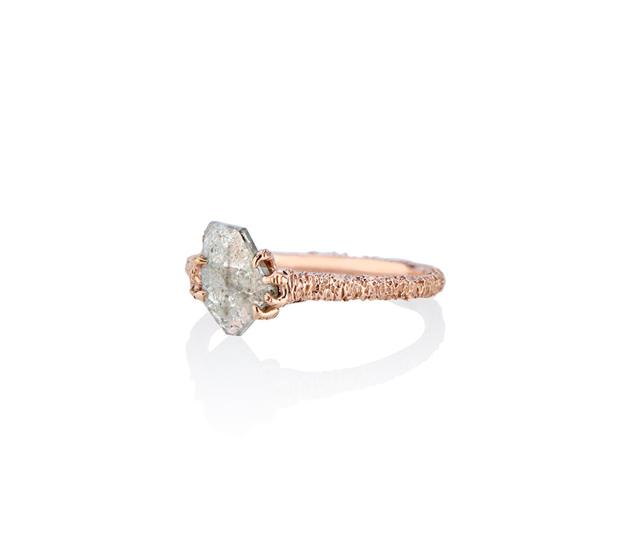 Diamond Slice Ring one of a kind unique diamond slice showing the diamonds extraordinary journey. Rare jewelry. the perfect gift for a unique woman and someone special, something that no one else will have and it can't be recreated. Jayne Moore model and writer makes her own jewelry from recycled metals using conflict free diamonds all handmade in new york city rose gold diamond slice ring 