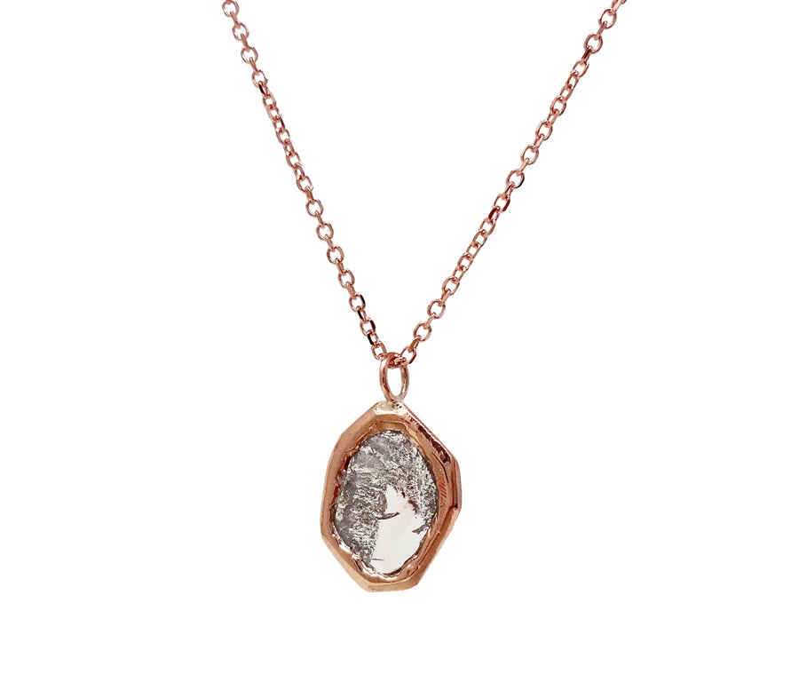 Diamond Slice pendant one of a kind unique diamond slice showing the diamonds extraordinary journey in these rare and beautiful necklaces. the perfect gift for a unique woman and someone special, something that no one else will have and it can't be recreated. Jayne Moore model and writer makes her own jewelry from recycled metals using conflict free diamonds all handmade in new york city unique diamond detail morning mist clouding texture inside the stone no two alive castnotset